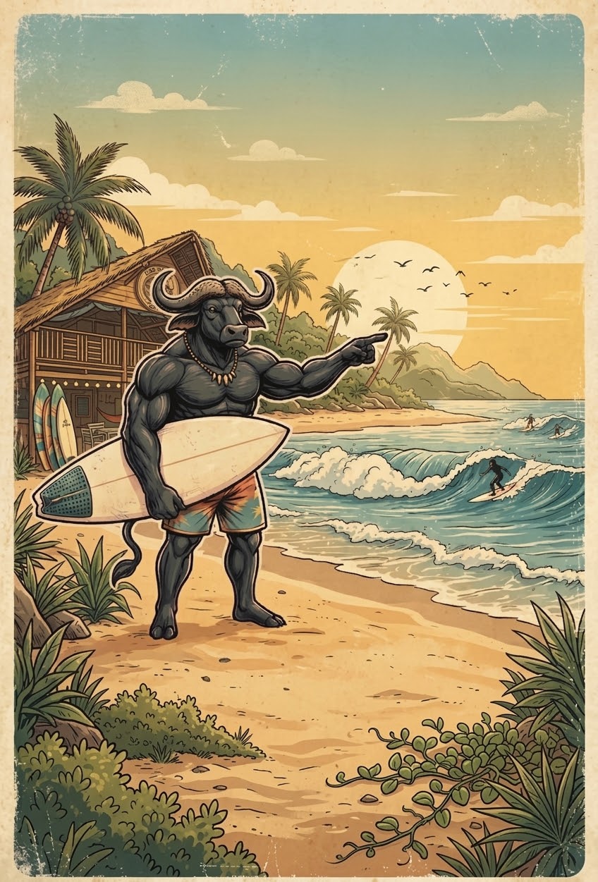 Buffalo surfer pointing at the waves of Duli Beach
