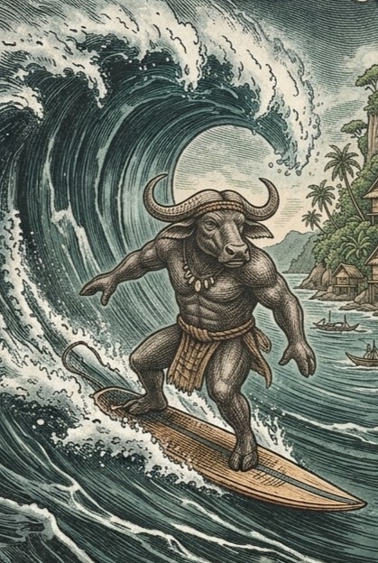 Buffalo surfing a big barrel